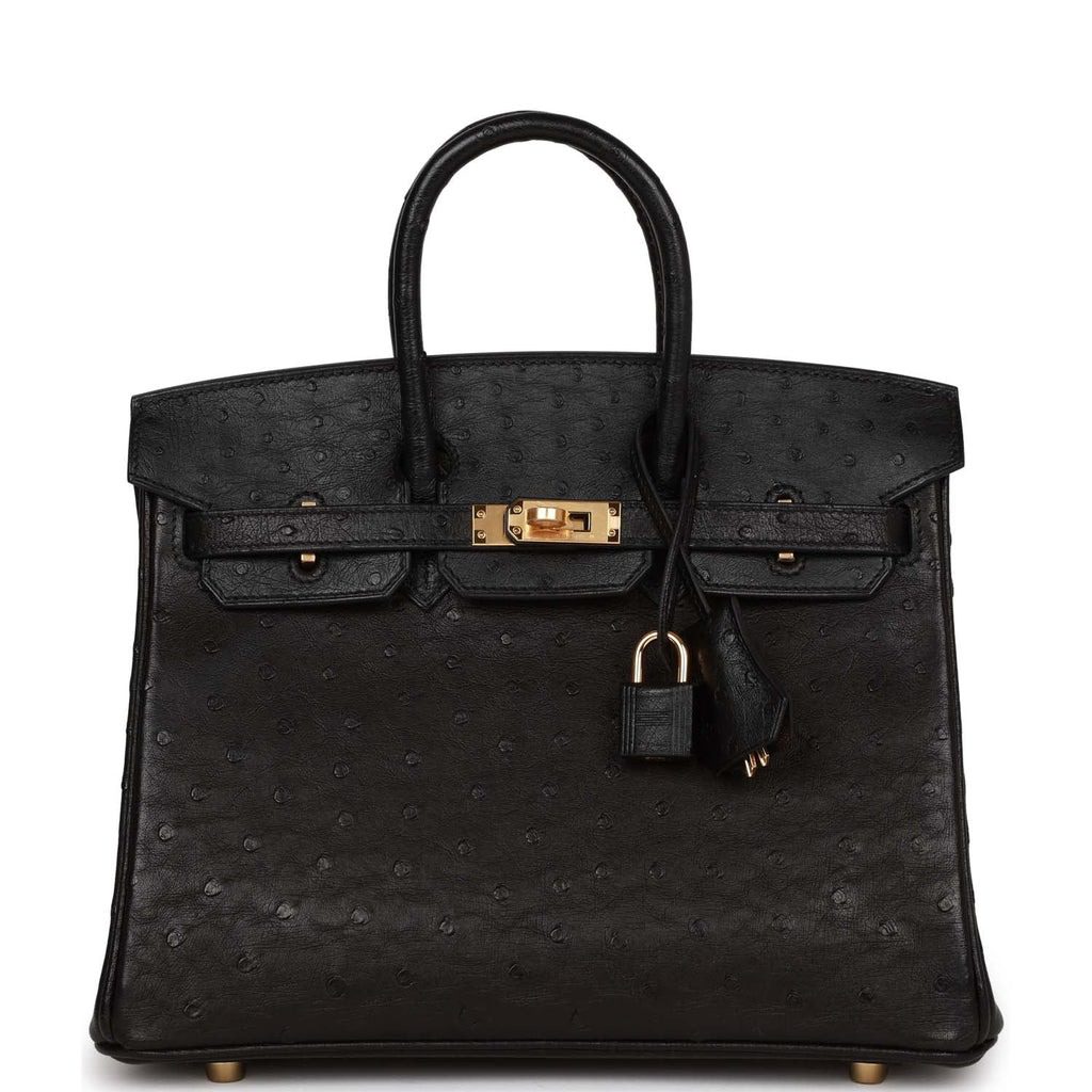 Hermes Kelly 25 Top Handle Bag in Black Ostrich Leather with Gold