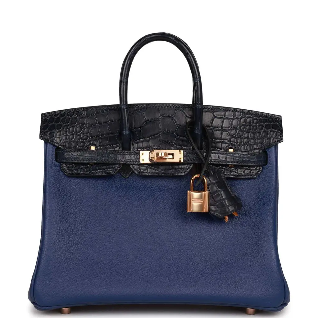 Hermès Birkin 25 Bleu Marine Matte Alligator and Bleu Saphir Novillo Touch Rose Gold Hardware