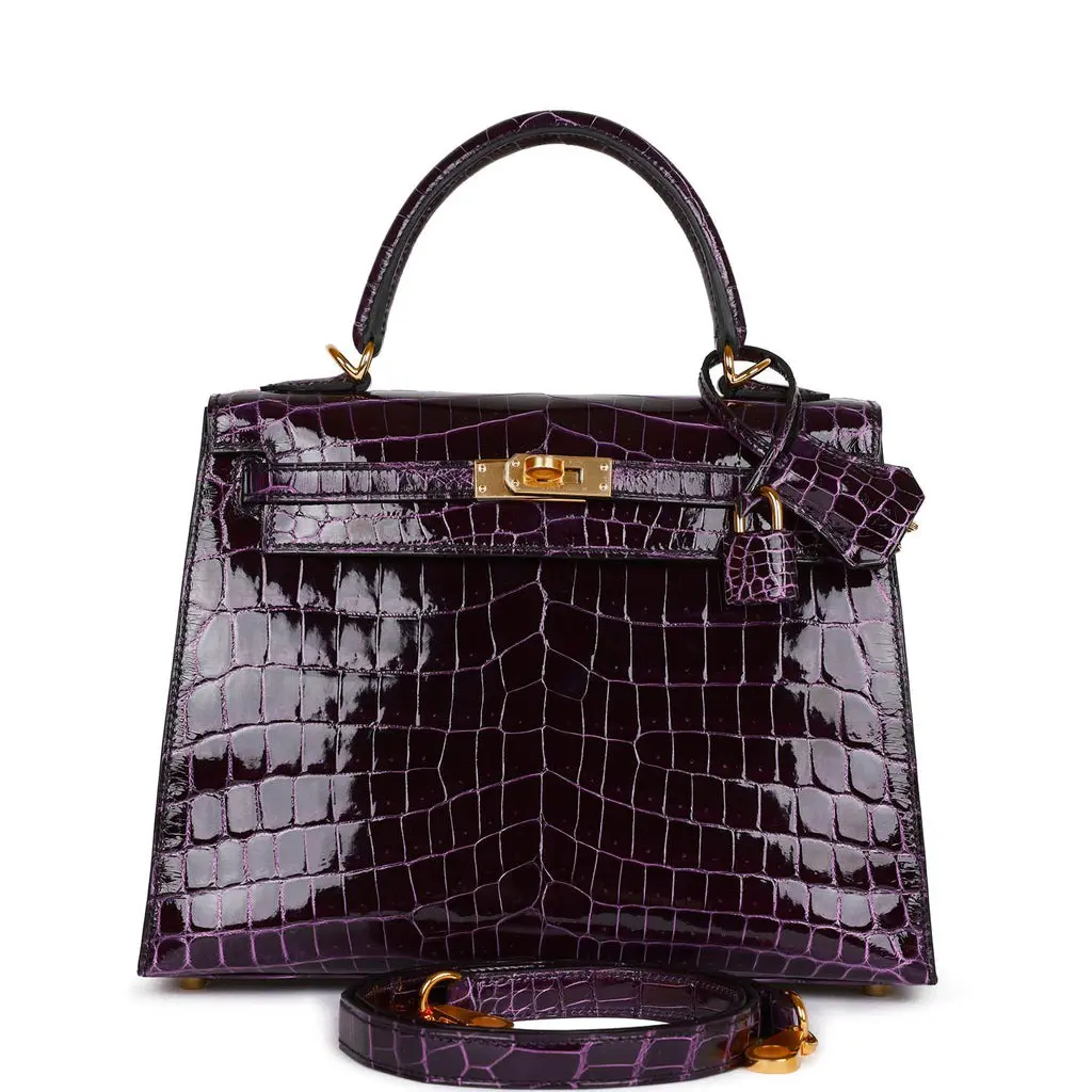 Hermès Kelly Sellier 25 Aubergine Shiny Niloticus Crocodile Gold Hardware