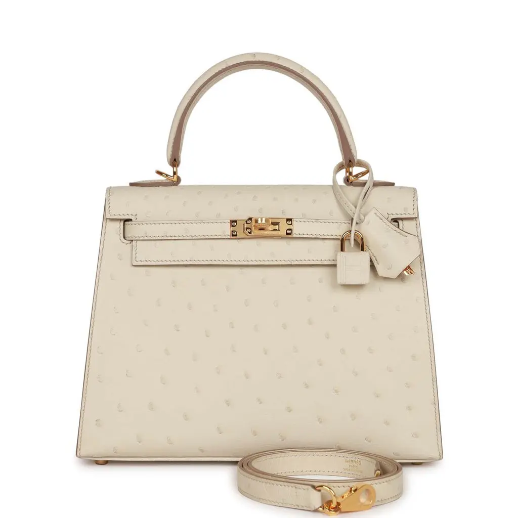 Hermès Kelly Sellier 25 Beton Ostrich Gold Hardware