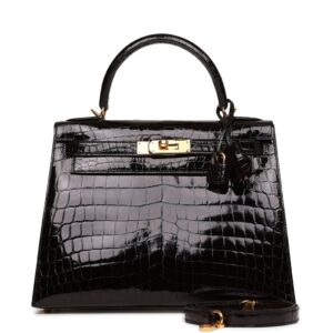 Hermès Kelly Sellier 28 Black Shiny Niloticus Crocodile Gold Hardware