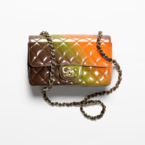 A MINI FLAP BAG with a colorful pattern on it.