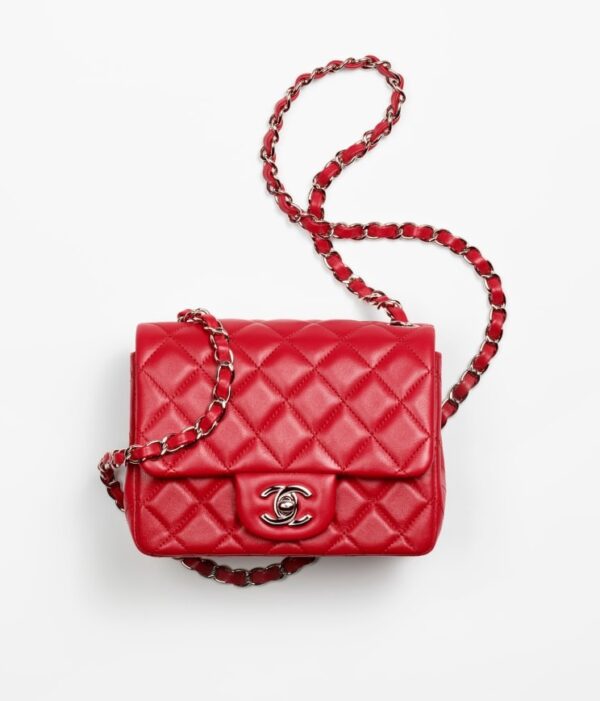 Chanel's red Mini Flap Bag in white background.