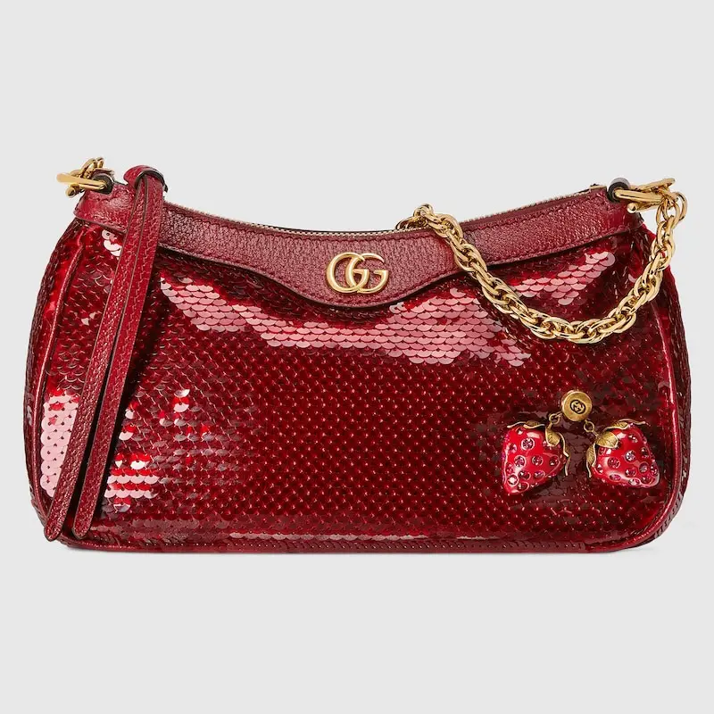 OPHIDIA SMALL SEQUIN HANDBAG with gold chain.